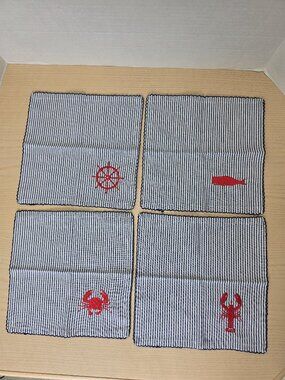 Sur La Table Blue Red Cotton Nautical Coastal Striped Napkins 10x10 Set of 4